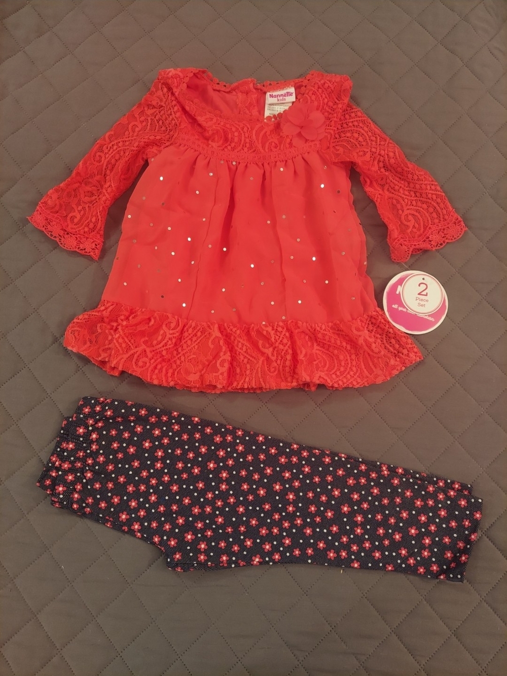 Nannette Red Lace Top with Navy Floral Leggings Kids Matching Set